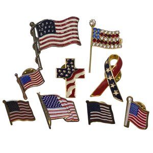 Americana Pin & Brooch Lot Patriotic USA 9 Piece Enamel Jewelry Set & Bundle
